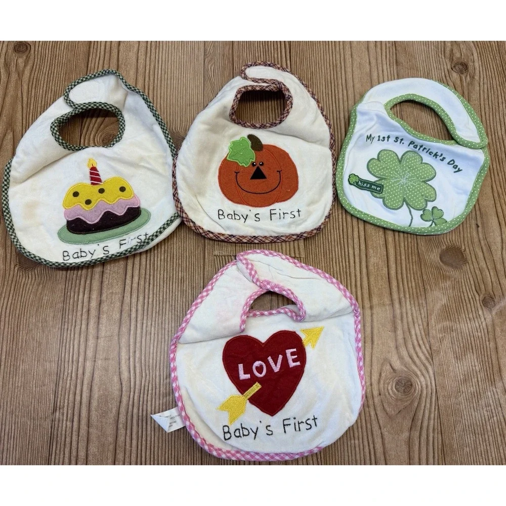 Vtg Lot of 4 Holiday Baby Bibs Birthday Thanksgiving Christmas Easter St Pats